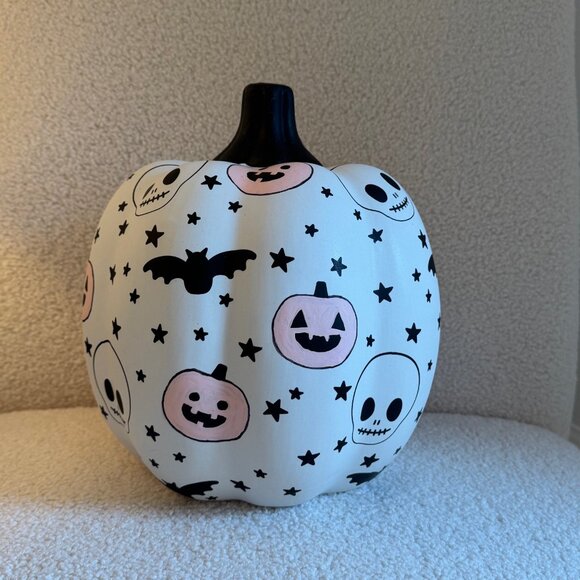 Patterned Black & White Bat, Skull, and Jack-o-lantern Large Ceramic Pumpkin - Picture 1 of 5